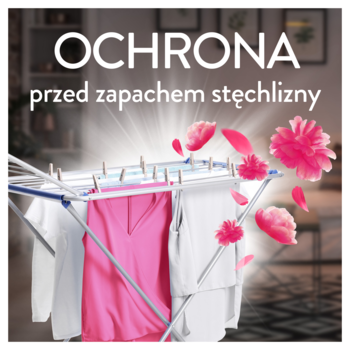 Płyn Lenor Fresh Air Pink Blossom: ubrania na suszarce z unoszącymi się płatkami, zapobiega zapachowi stęchlizny.