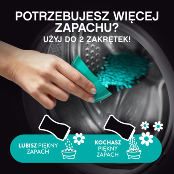 Ręka wsypuje turkusowe perełki zapachowe Lenor Unstoppables Fresh do pralki. Napis: "Użyj do 2 zakrętek!"