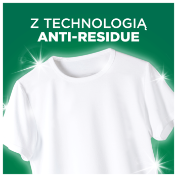Czysty, lśniący biały T-shirt, symbol technologii Anti-Residue Ariel Fast Dissolving. Zielone tło.