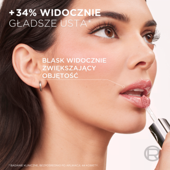 Zbliżenie: kobieta aplikuje olejek L'Oréal Paris Plump Ambition, usta błyszczące, widocznie pełniejsze i gładsze.