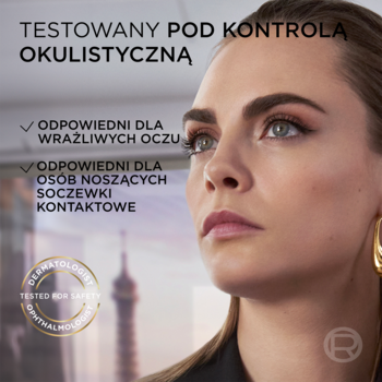 L'Oréal Paris Big Deal Mascara: modelka prezentuje efekt, podkreślając testy okulistyczne i bezpieczeństwo dla oczu.