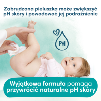 Pampers Harmonie Aqua chusteczki, dłonie zmieniają pieluszkę dziecku, tekst o naturalnym pH skóry.