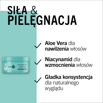 Krem wygładzający Taft Aloe Boost w turkusowym słoiczku, z listą cech: Aloe Vera, Niacynamid.