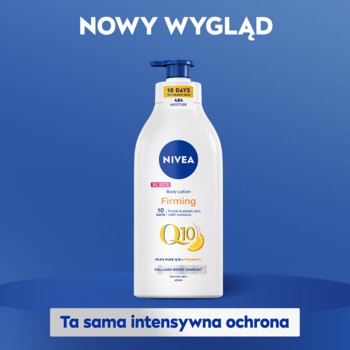 Ujędrniający balsam do ciała NIVEA Q10 w białej butelce z pompką, na niebieskim tle. Nowy wygląd.