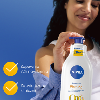 Ujędrniający balsam do ciała NIVEA Q10 Firming 625ml z pompką, kobieta trzyma butelkę, z ikonami zalet.