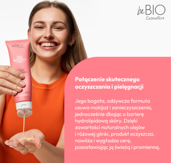 Różowy oleokrem beBIO Feel Your Beauty Vibes do demakijażu i oczyszczania, wyciskany z tubki przez uśmiechniętą kobietę.