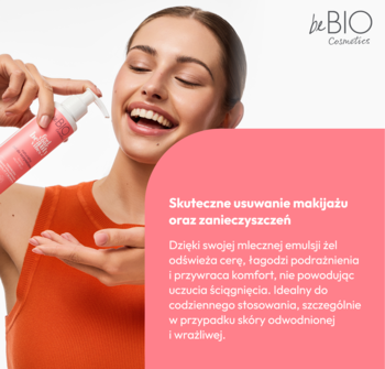 Kobieta aplikuje mleczny żel do mycia twarzy beBIO Feel Your Beauty Vibes z różowej butelki. Delikatne oczyszczanie.