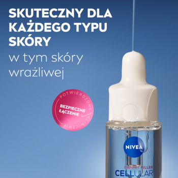 NIVEA CELLULAR Expert Filler Hyaluron serum w niebieskiej butelce z pipetą. Skuteczne dla skóry wrażliwej.