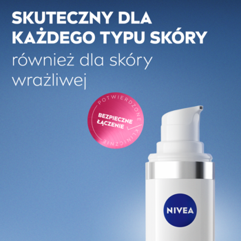 Zbliżenie na górną część białej butelki Nivea Cellular Expert Filler SPF 50+ serum fluid, skuteczne dla skóry wrażliwej.