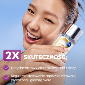 Uśmiechnięta kobieta z Nivea LUMINOUS630 esencją, tekst '2X SKUTECZNOŚĆ: rozświetlenie i wygładzenie skóry'.