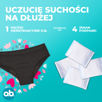 O.B. majtki menstruacyjne czarne i cztery białe podpaski na turkusowym tle, z tekstem: Suchość na dłużej.
