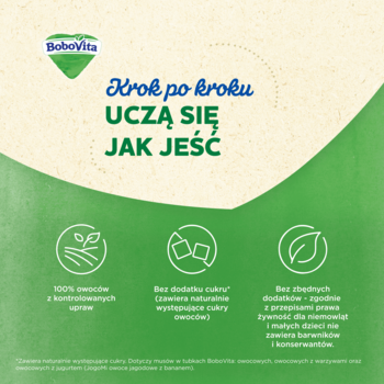 BoboVita: reklama owoców w tubce dla niemowląt, zielono-beżowe tło z hasłem „Uczą się jak jeść”.