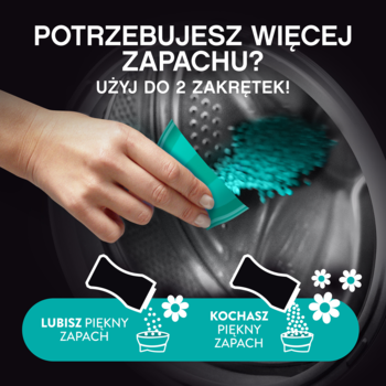 Ręka wsypuje niebieskie perełki zapachowe Lenor Unstoppables Fresh do pralki. Napis: 'Użyj do 2 zakrętek!'