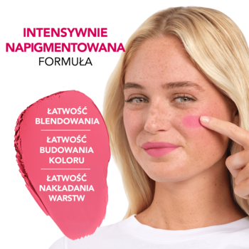 Bourjois Macaron Melt Lip & Cheek Flush Maca'rose: modelka z różem na policzku, swatch. Intensywnie napigmentowany, łatwo blendowalny.