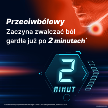 Reklama Orofar ULTRA: Szybka ulga w bólu gardła, podkreśla działanie w 2 minuty. Ciemne tło z czerwonym zarysem gardła.