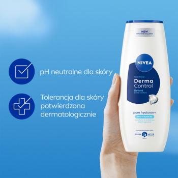 NIVEA Derma Control Defend żel pod prysznic w białej butelce, w dłoni. W tle informacja o pH neutralnym i tolerancji dermatologicznej.