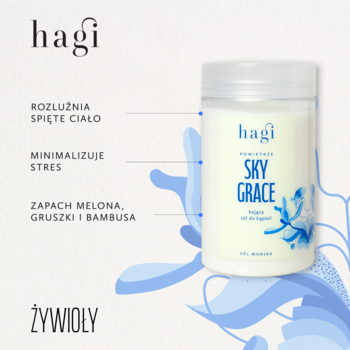 Hagi Sky Grace kojąca sól do kąpieli w białym, cylindrycznym pojemniku, zapach melona, gruszki i bambusa, widok frontalny.