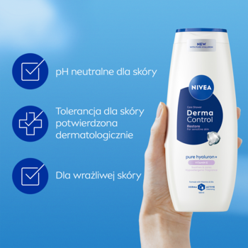 Ręka trzyma żel NIVEA Derma Control Restore do skóry wrażliwej. Obok punkty o pH neutralnym i tolerancji.
