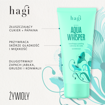 Hagi Aqua Whisper peeling cukrowy z papainą, zapachem jabłka, gruszki i konwalii, tuba turkusowa, widok z przodu.