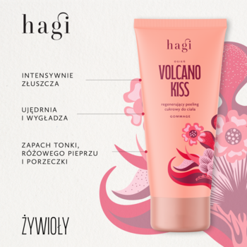 Peach Hagi Volcano Kiss peeling cukrowy do ciała. Widok z przodu, złuszcza, ujędrnia, pachnie tonką, pieprzem i porzeczką.