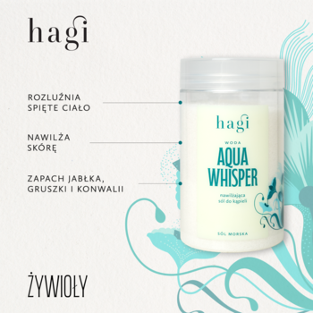 Hagi Aqua Whisper nawilżająca sól do kąpieli o zapachu jabłka, gruszki i konwalii, w białym pojemniku.