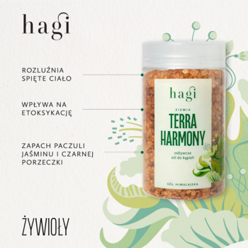 Sól do kąpieli Hagi Terra Harmony w słoiku, pomarańczowe kryształki. Relaksuje, pachnie jaśminem i czarną porzeczką.