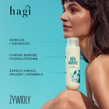 Hagi Aqua Whisper żel do ciała w kremowej butelce. Kobieta trzyma, tło teal. Zapach jabłka, gruszki.