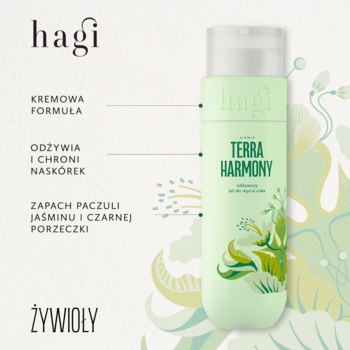 Hagi Terra Harmony żel do mycia ciała. Zielona butelka, napis i grafika. Zapach paczuli, jaśminu i porzeczki.