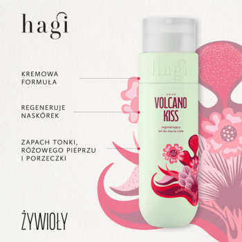 Hagi Volcano Kiss żel do ciała w zielonej butelce z grafiką, z lewej opis: kremowa formuła, regeneruje naskórek.