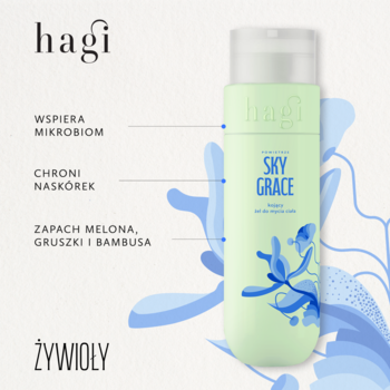 Hagi Sky Grace kojący żel do mycia ciała, zielona butelka z niebieskim wzorem, zapach melona, gruszki i bambusa.