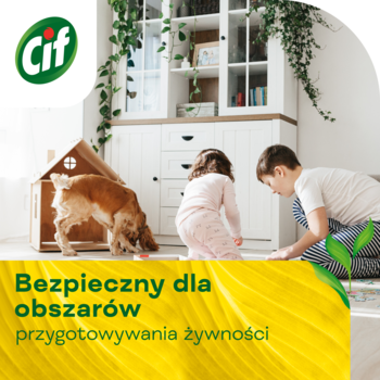 Cif. Żółta grafika "Bezpieczny dla obszarów przygotowywania żywności", dziecko i pies w czystym, jasnym domu.