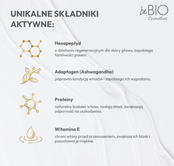 Infografika składników aktywnych szamponu BeBIO Antifrizz Power: Hexapeptyd, Adaptogen, Proteiny, Witamina E.