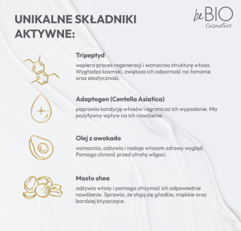 Graphic: beBIO Hydration & Volume mask, składniki aktywne – Tripeptyd, Adaptogen, Olej z awokado, Masło shea.