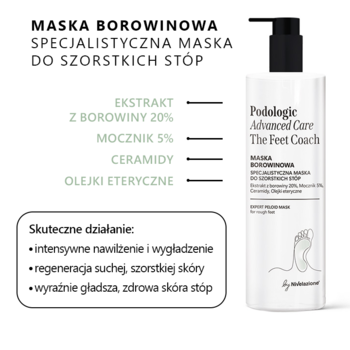 Maska borowinowa Podologic Advanced Care do szorstkich stóp, biała butelka z pompką, widok z przodu z infografiką.
