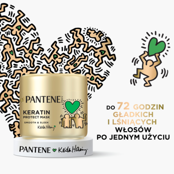 Maska Pantene Keratin Protect Haring, złoty słoik z zielonym sercem. Na białym tle, włosy gładkie do 72h.