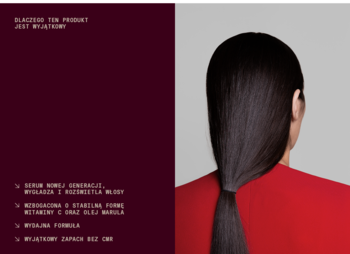 Heiki serum ochronne do włosów. Kobieta z tyłu z lśniącymi, gładkimi włosami w kucyku, po lewej tekst.