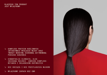 Heiki serum wygładzające: Kobieta od tyłu z długimi, ciemnymi włosami w kucyku, obok panel z tekstem o zaletach.