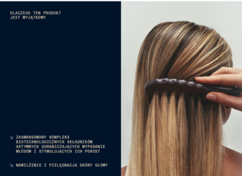 Kobieta czesze długie, blond włosy; po lewej tekst o serum do skóry głowy Heiki na porost i wzmocnienie włosów.