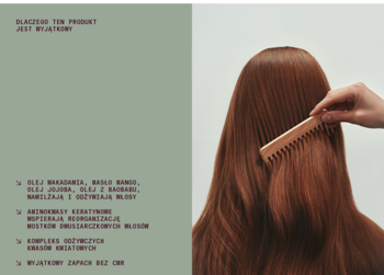 Maska do włosów Heiki: tył głowy z rudymi, lśniącymi włosami, rozczesywanymi drewnianym grzebieniem na zielonym tle.