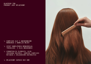 Heiki Maska nawilżająca do włosów. Długie, lśniące włosy czesane drewnianym grzebieniem. Efekt nawilżenia i blasku.