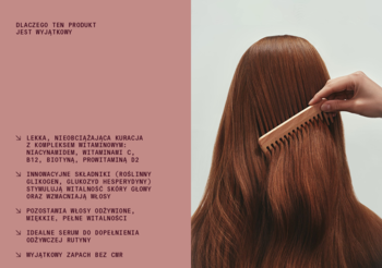 Lśniące, rude włosy czesane drewnianym grzebieniem, na różowym tle z tekstem. Reklama nawilżającego serum Heiki.