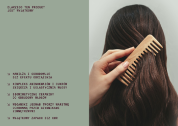 Odżywka Heiki dla włosów suchych: dłoń czesze długie, ciemne włosy drewnianym grzebieniem, obok zielone tło z opisem.
