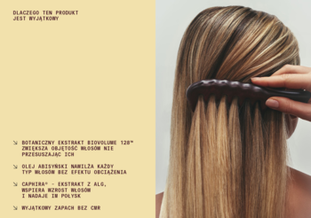 Odżywka zwiększająca objętość włosów Biovolume 128. Blond kobieta czesze długie włosy, widok od tyłu.