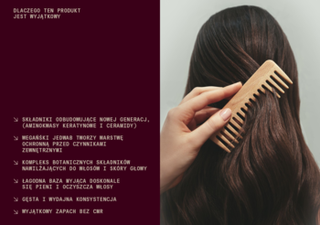 Odbudowujący szampon Heiki: drewniany grzebień gładko rozczesujący lśniące, długie włosy, symbolizuje wzmocnienie.