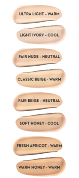 8 próbek podkładów Lumene Blur 16h, w tym odcień 0.5 Fair Nude, pokazujących kolory i podtony.