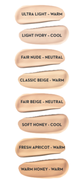 Osiem próbek podkładu Lumene Blur z opisami: od Ultra Light-Warm po Warm Honey-Warm, ułożone pionowo.