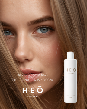 Biała butelka szamponu Heö Helsinki Detox, z boku modelka z lśniącymi blond włosami, hasło: Skandynawska Pielęgnacja.