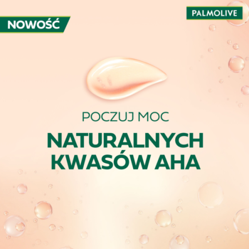 Reklama Palmolive Skin Radiance z kwasami AHA, kropla żelu na brzoskwiniowym tle, napis 'NOWOŚĆ'.