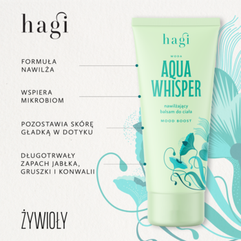 Hagi Aqua Whisper nawilżający balsam do ciała w jasnozielonej tubce, z motywem kwiatowym i nutami jabłka.