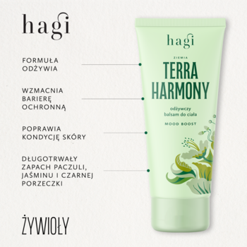 Hagi Terra Harmony balsam do ciała w zielonej tubce, z motywem liści, o zapachu paczuli, jaśminu i porzeczki.